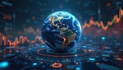 Digital earth globe surrounded by data visuals, graphs at night. Futuristic financial setting. Shows planet representation with information network, business statistic market, global economy