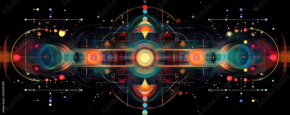 Poster futuristic geometric abstract art with pulsating lights and circular patterns