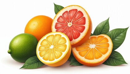 Illustration with various citrus fruits lime, lemon, orange, grapefruit isolated on white background. Fresh and healthy vibrant colorful fruits with leaves. Half cut juicy ripe slice with vitamins.