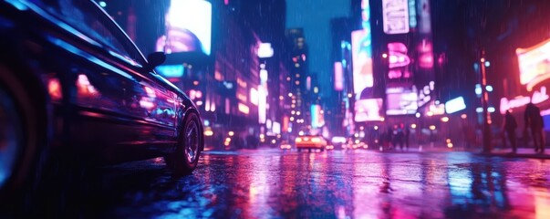 Neon-lit urban street scene at night in the rain with cars and bright billboards