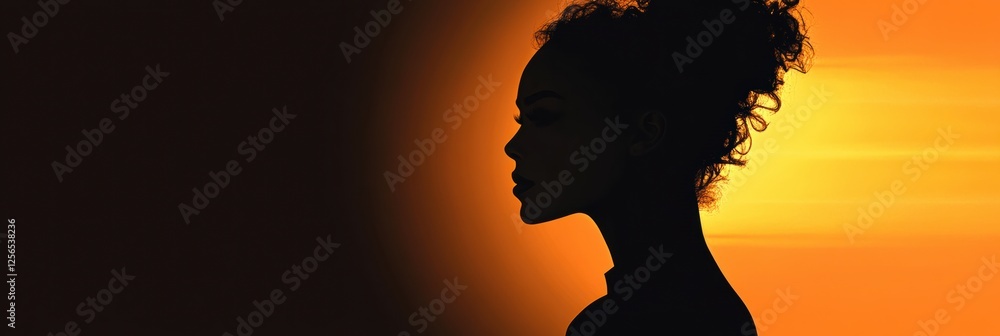 Poster silhouette of a model against a glowing sunset background in minimalist style with space for text. g
