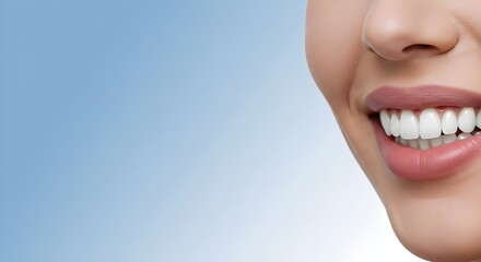 Obraz premium Close up view of healthy white teeth and smiling lips on blue background. Dental care, oral hygiene, cosmetic dentistry and beauty concept. Banner with copy space