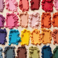 Vivid eyeshadow makeup palette, crushed powder swatches in tender pastel colors. Woman cosmetic beauty product, aesthetic eyeshadow pattern still life. Eyeshade set closeup. Beauty blogger content.