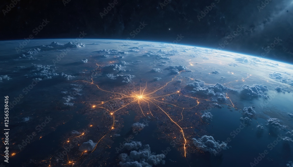 Aufkleber Panoramic view on planet Earth from space. Night city lights glow through light clouds atmosphere. Abstract cosmic background with continents oceans, glowing sun rays and stars in universe.