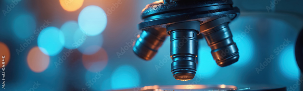 Poster close-up of microscope lens with blue, orange bokeh lights. scientific research background for lab e