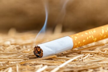 Lit cigarette smoldering on dry straw, creating smoke tendrils, close-up view.