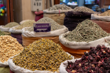 Spice shop, in Marrakech Medina, souks of spices.