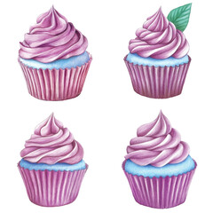 Purple cupcake watercolor set hand drawn
