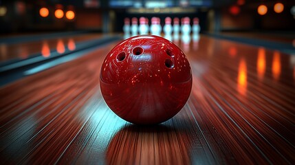 A vibrant red bowling ball rolling down a polished lane towards the pins in a lively alley