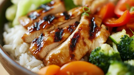 Close-up of rice with sweet teriyaki chicken. Featuring grilled chicken in teriyaki sauce, served over rice with vegetables. Emphasizing a tangy, sweet dish. Ideal for teriyaki recipes.