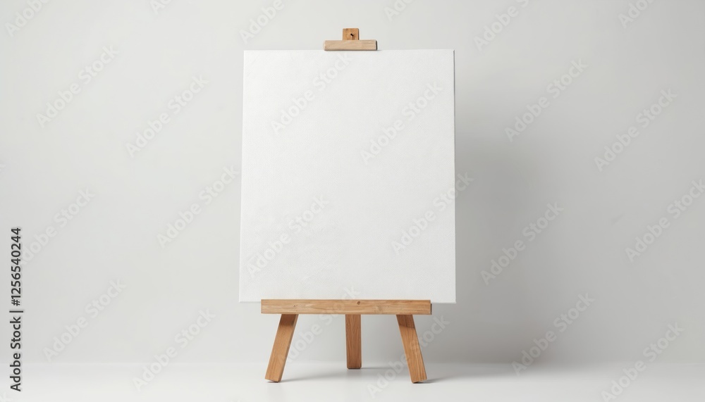 Aufkleber Mockup of blank canvas on wooden easel, set against plain white background. Perfect for art-related content, design workshops. Empty canvas template with clean look on simple stand.