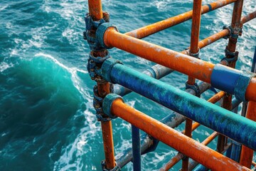 Rusty orange and teal pipes crisscross atop churning ocean waves, a view from an offshore platform.