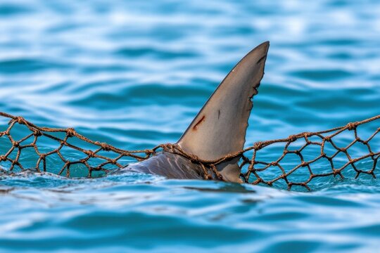Shark's dorsal fin trapped in fishing net, visible in blue ocean water.