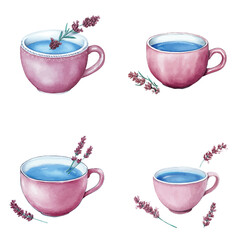 Purple teacup watercolor set hand drawn