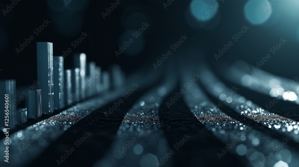 Poster futuristic abstract design of a glowing cityscape with vertical elements and a shimmering dark backg