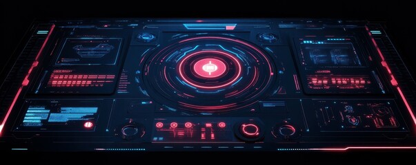 Futuristic virtual interface with holographic digital elements and neon highlights