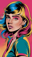 Bright pop art portrait of a young woman with bright multicolored hair making eye contact from behind, pink background