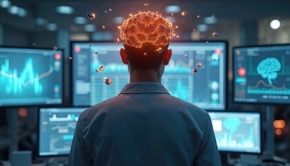 Rear view of man with digital brain above head surrounded by floating orbs. Multiple monitors display various data points, brain scans, stock market charts. Concept of data science, mind control,