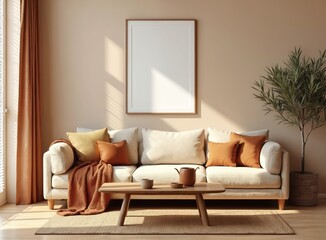 Cozy home interior with ethnic boho decoration, living room in brown warm color. Blank poster frame on wall mockup. Natural wooden furniture, couch with pillows, plant. Modern apartment design render.