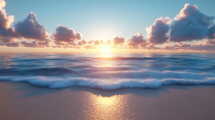 Fototapeta premium Serene sunset over a calm ocean with gentle waves lapping at a sandy beach, evoking tranquility