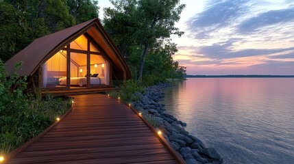 Lakeside or Beachfront Glamping Retreats as Charming lakeside cabin at sunset, Luxury Camping