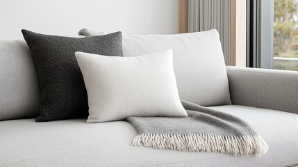 Naklejka premium Comfortable pillows and a soft throw blanket arranged on a modern grey sofa in a bright living room.