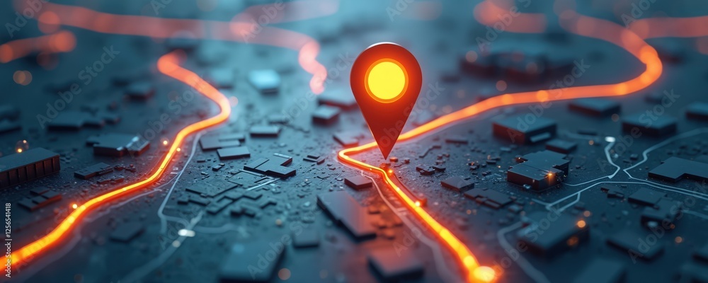 Poster glowing location pin marks destination on futuristic city map. navigation lines show direction, rout