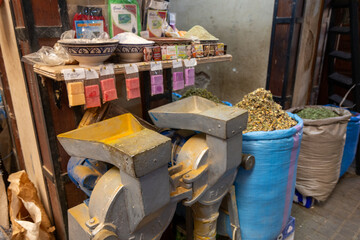 Spice shop, in Marrakech Medina, souks of spices.