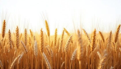 Fototapeta premium Golden wheat field close-up. Ripe barley plants background. Agriculture harvest season. Grain crop landscape. Wheat ears sway in the breeze at sunset, representing food industry.