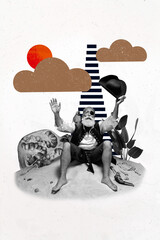 Poster trend sketch template photo collage of aged man pirate costume hand hold hat sit sand relax outdoors cloud plant leaves pomegranate