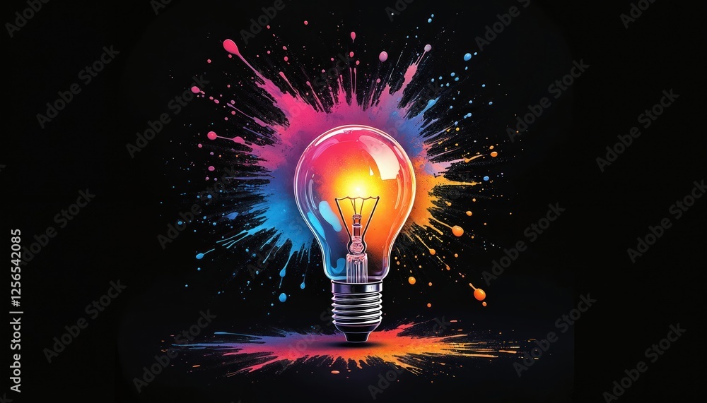 Poster creative light bulb explosion with vibrant paint splashes on black background innovation, different 