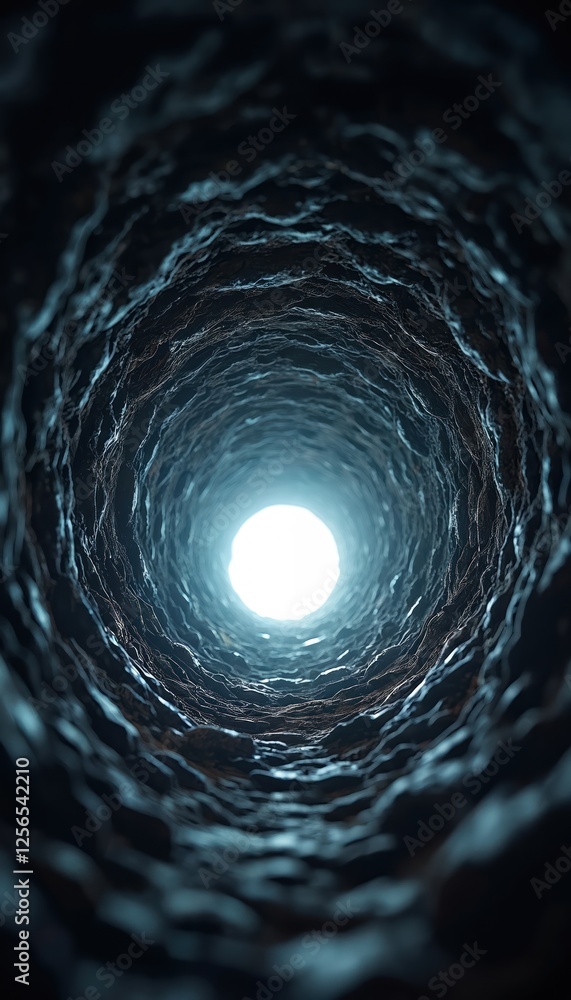 Poster Dark textured hole receding into bright light. Abstract space tunnel, sci-fi portal. Cosmic background of abyss with light at the end. Surreal journey concept to explore dark matter.