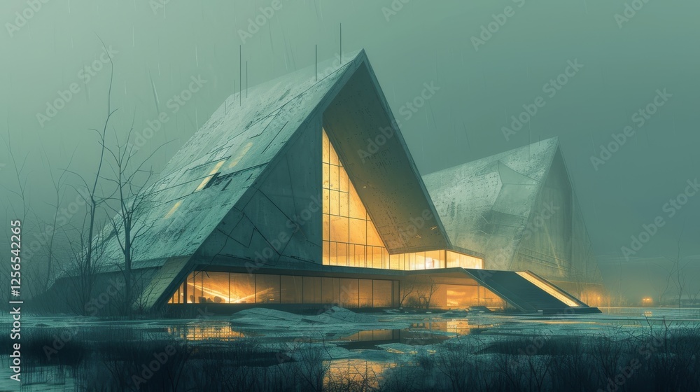 Poster dramatic architectural concept with triangular structures glowing warmly amid a misty, wet landscape