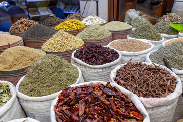 Spice shop, in Marrakech Medina, souks of spices.