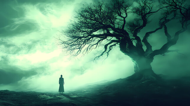 A mystical lone figure stands before a giant, eerie, twisted tree in a foggy, otherworldly landscape with glowing green light. Eldritch Coral Reefs. Illustration