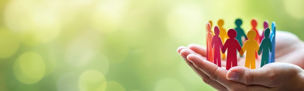 Colorful paper cut-out people figures on open palm hands. Diversity inclusion concept. Team representing equality. United community, people support, ESG theme, CSR. Teamwork, togetherness,