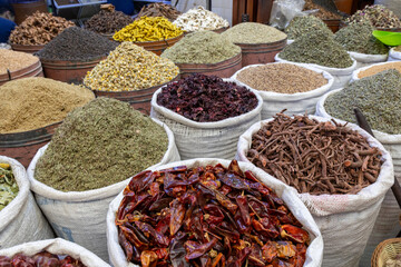 Spice shop, in Marrakech Medina, souks of spices.