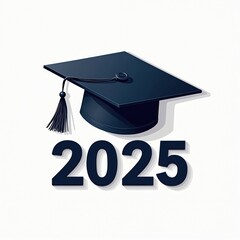 Class of 2025 visual text design. Graduation cap with tassel on white background. Elegant design for academic achievement, diploma. Modern banner style celebration visual for scholar in future.