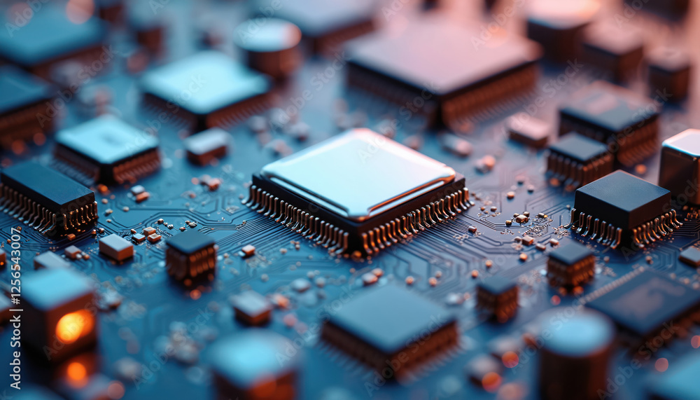 Leinwandbilder Detailed close-up of microchips with wireless circuit elements, cutting-edge electronics design. Intricate tech background with advanced technology. Blue circuit board with conductors, transistors,