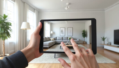 Hands hold tablet with AR app. Person uses virtual reality software to visualise interior design, home decor. Modern digital tech for house furnishing, home improvement planning and remodeling.