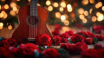 Fototapeta premium A romantic scene featuring a guitar surrounded by red roses and soft lights.