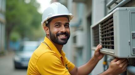 Professional Indian Technician Installing Air Conditioning Unit, Professional Technical Ventilation Repairman With Uniform And helmet Hat Fixing Residential Electrical Ventilation Equipment In Summer