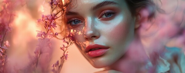 Obraz premium Young caucasian female amidst pink blossoms with soft light