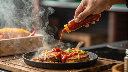 Action shot of pouring hot sauce over a salmon dish, with bread and lettuce, emphasizing culinary preparation and flavor