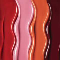 Glossy lip gloss textures in rich red, pink and orange shades to create a smooth, wavy shimmering effect and a radiant finish