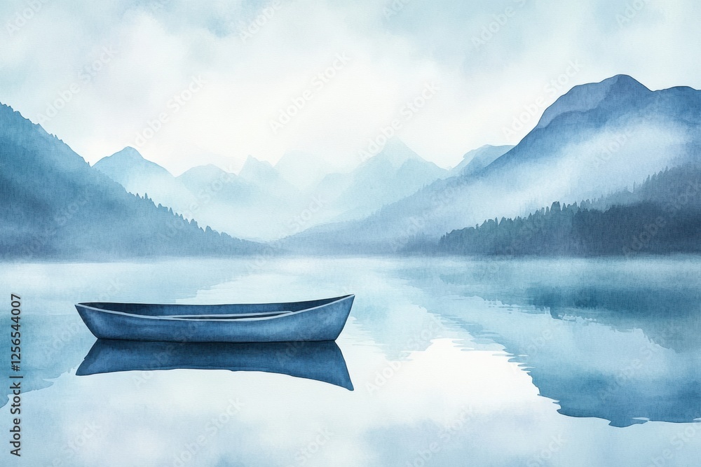 Poster Serene watercolor artwork depicting a solitary rowboat on a peaceful mountain lake with an endless sky. Generative AI