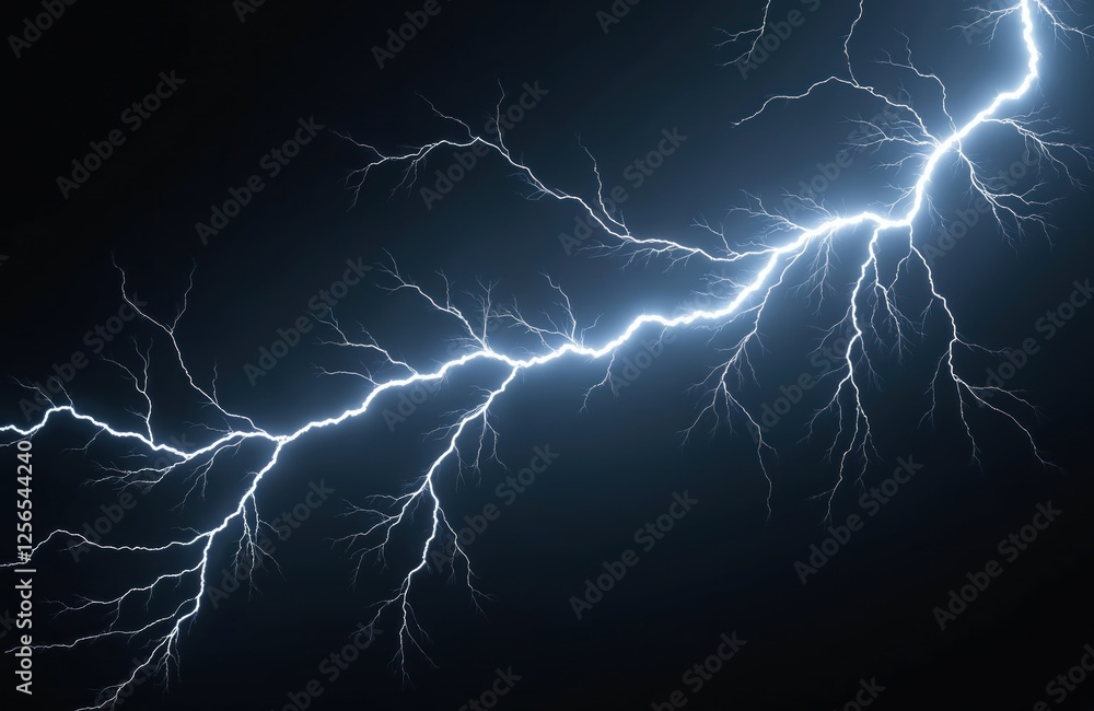 Poster isolated lightning bolt with extensive branching on black background. electricity strike intricate d