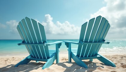 Blue Adirondack chairs sit on tropical beach. Chairs symbolize retirement goals, financial planning. Concept future successful investment strategy. Summer vacation background with turquoise sea, calm