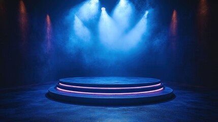 A dramatic stage setup with vibrant blue lighting and smoke effects, ideal for performances or events