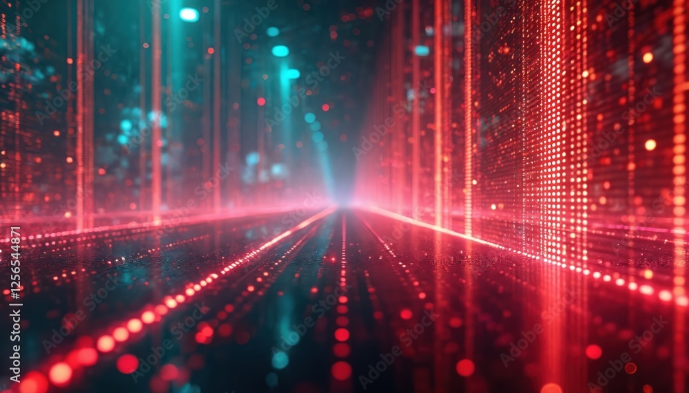 Poster Neon matrix digital cyberspace. Red, cyan datum streams in cyberpunk hologram abstract background. AI generated futuristic image for wallpaper. Tech artificial intelligence pattern wallpaper, glowing